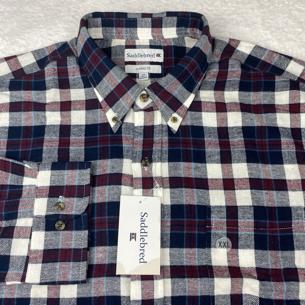 SADDLEBRED Shirt Mens XXL Burgundy/Blue Plaid Soft Cotton Classic Fit NWT!